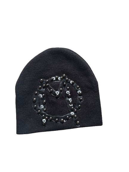 BLACK ON BLACK LEATHER PATCH BEANIE