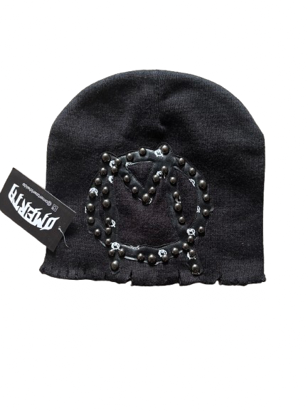 Distressed BLACK ON BLACK LEATHER PATCH BEANIE